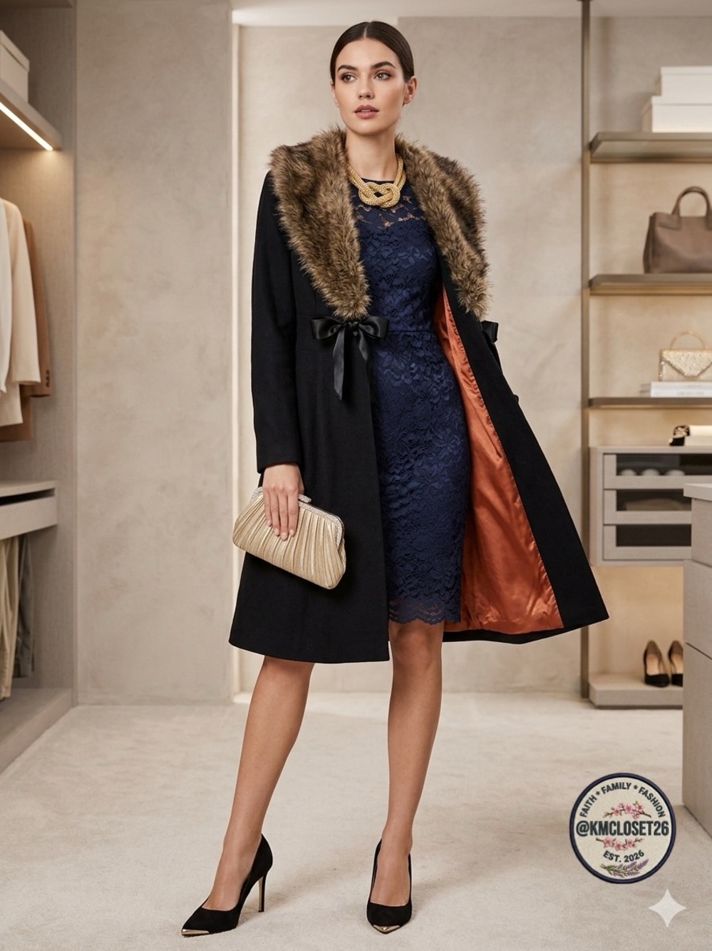 H&M Archive Heavy Wool Blend Fit-and-Flare Princess CUT Coat Faux Fur Collar EUC